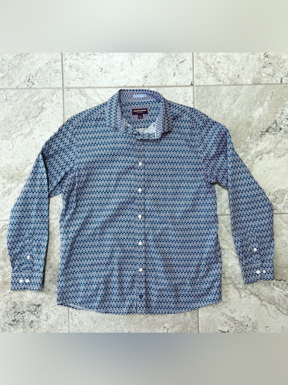 Johnston & Murphy Skull & Bones Button-Up Long Sleeve Cotton Shirt Blue, Large